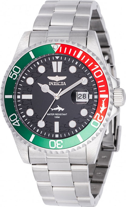 Invicta Pro Diver 43mm black dial watch with green and red rotating bezel and steel bracelet