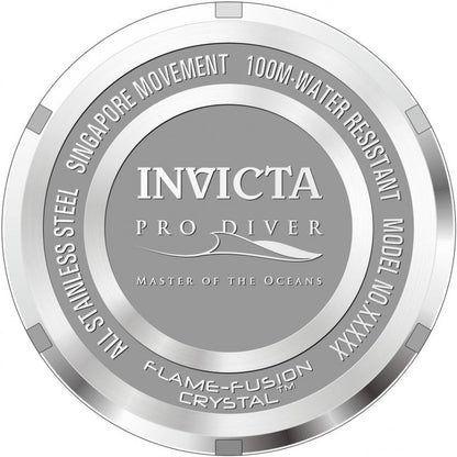 Invicta Pro Diver caseback showing Silicone Core movement and 100M water resistance specification