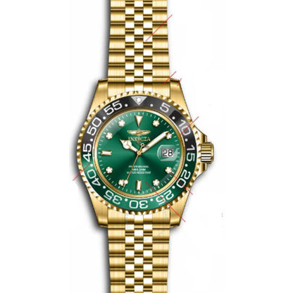 Angled view of Invicta Pro Diver green dial watch with gold bracelet and black sprite bezel
