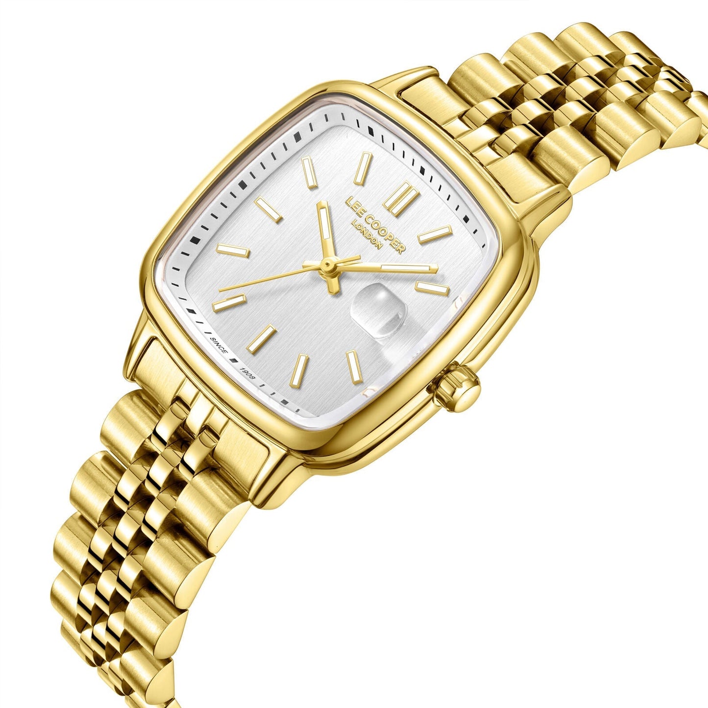 Lee Cooper April Square Case Date Window Silver Dial Gold Watch - LC08307.130