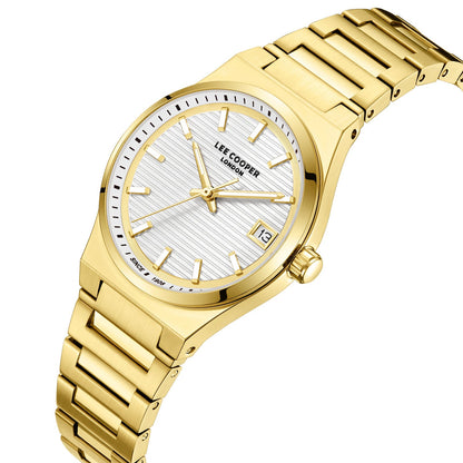 Lee Cooper Classic Date Window gold watch angled view showing dial and gold bracelet