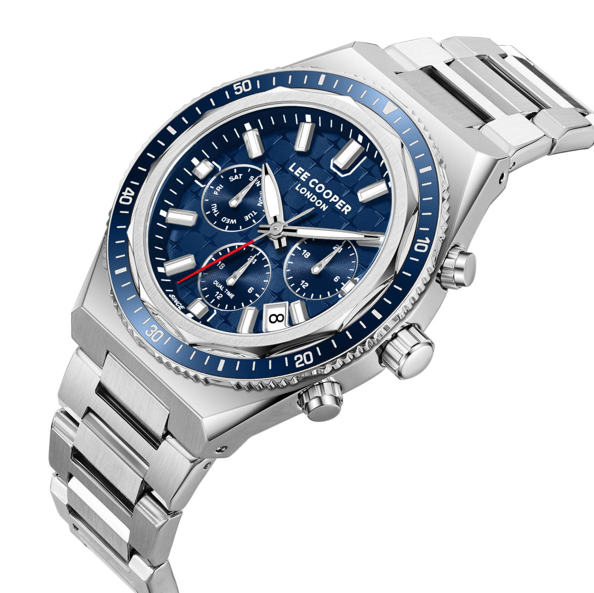 Lee Cooper Elias watch at angle showing blue dial, chronograph subdials, and silver bracelet