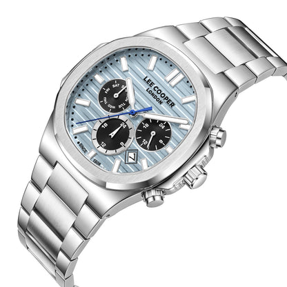 Angled view of Lee Cooper Gauthier chronograph with silver bracelet and blue dial showing chronograph pushers