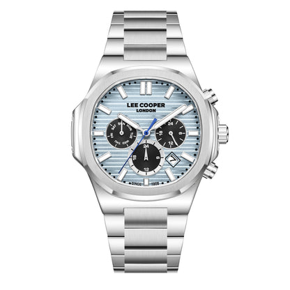 Lee Cooper Gauthier silver multifunction chronograph watch with blue striped dial and three black subdials