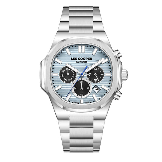 Lee Cooper Gauthier silver multifunction chronograph watch with blue striped dial and three black subdials