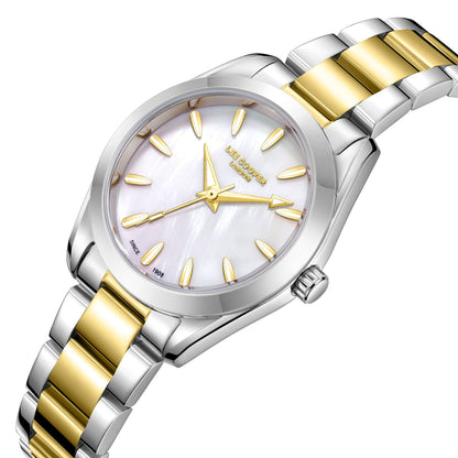 Lee Cooper Isabella watch with white MOP dial and two-tone bracelet at angle