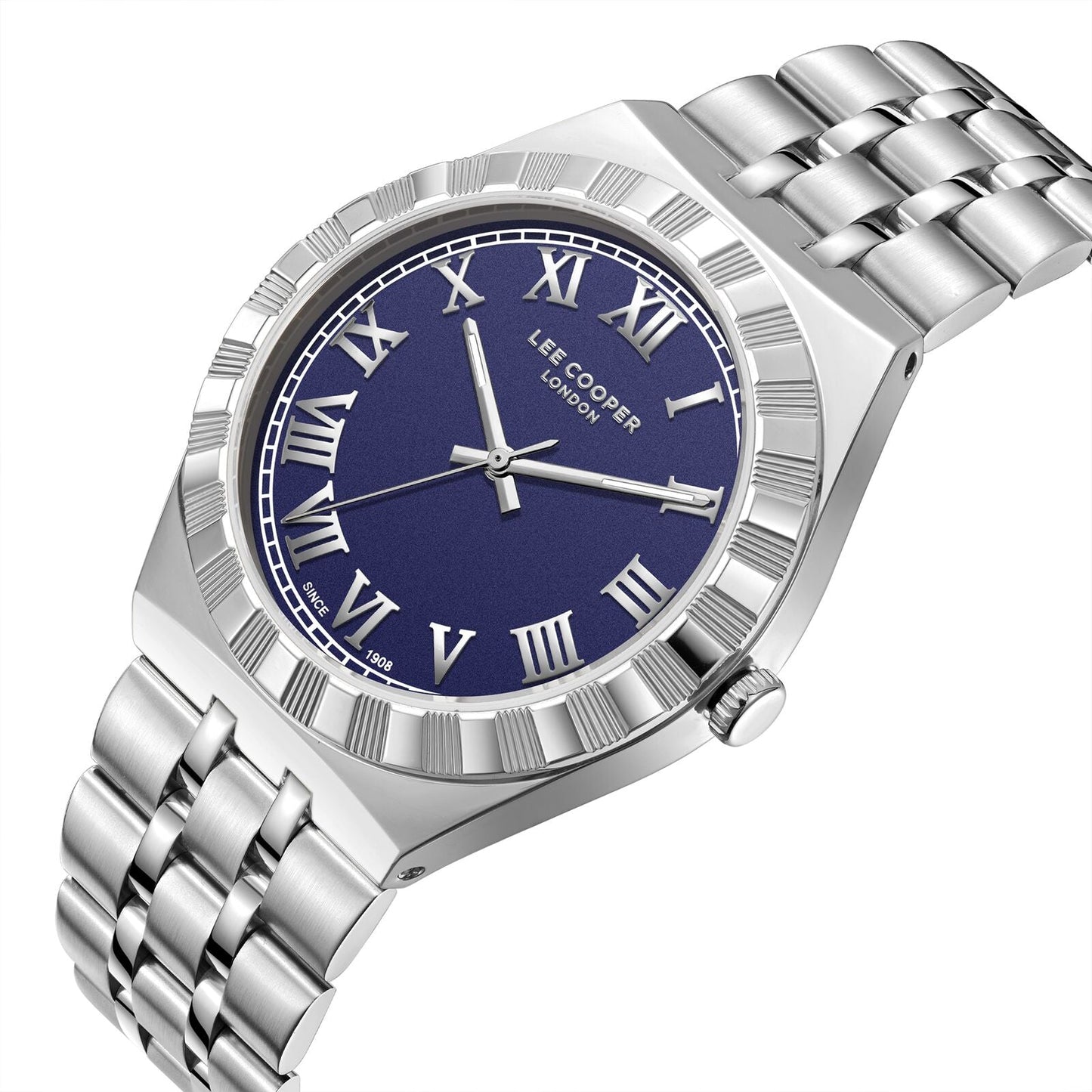 Lee Cooper Jayden watch at angle showing silver bracelet and blue dial with white hands