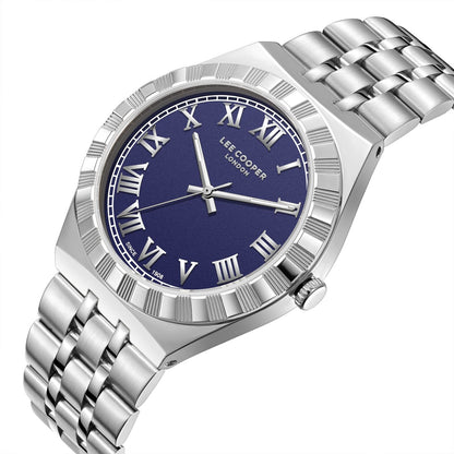 Lee Cooper Jayden watch at angle showing silver bracelet and blue dial with white hands
