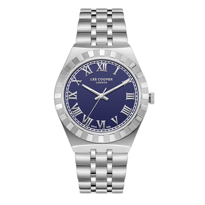 Lee Cooper Jayden silver men's watch with blue dial and Roman numeral hour markers