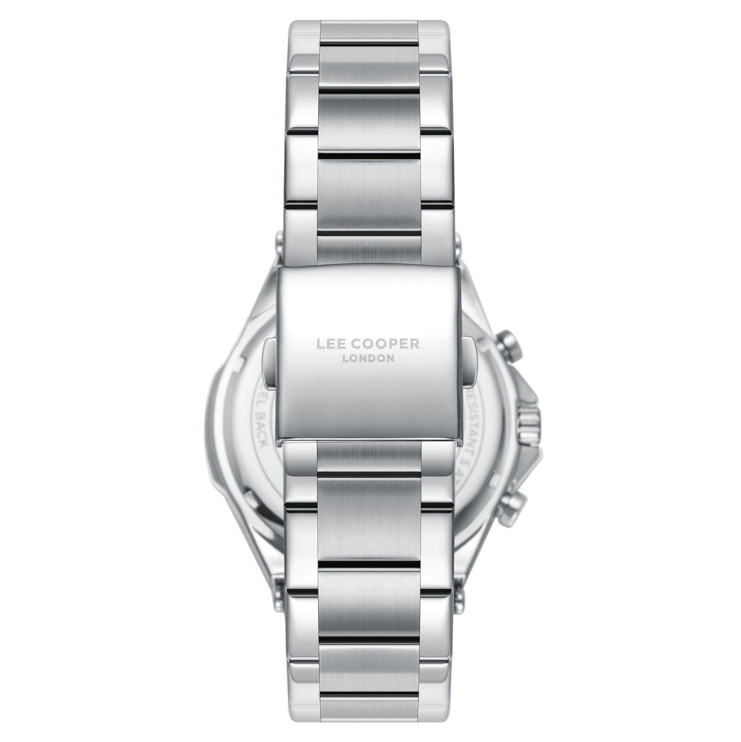 Lee Cooper Jules watch caseback showing silver stainless steel case and bracelet
