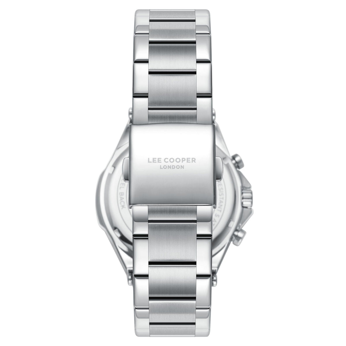 Lee Cooper Jules watch caseback showing silver stainless steel case and bracelet