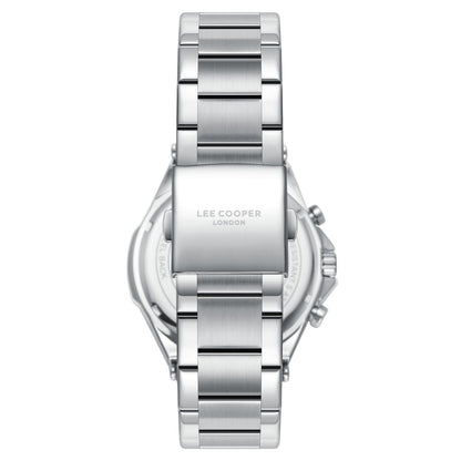 Lee Cooper Jules watch caseback showing silver stainless steel case and bracelet