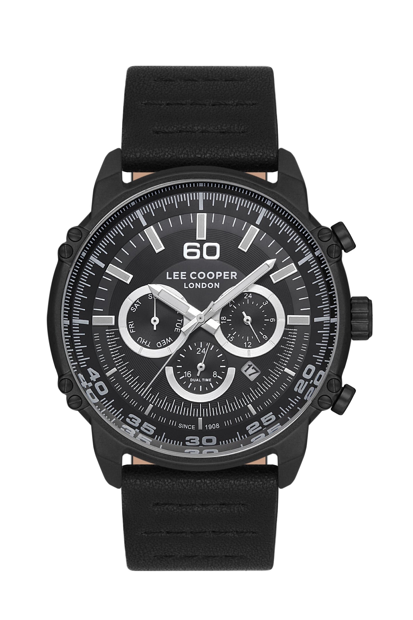 Lee Cooper LC06506.661-NL men's black chronograph watch with three subdials and black leather strap