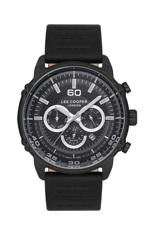 Lee Cooper LC06506.661-NL men's black chronograph watch with three subdials and black leather strap