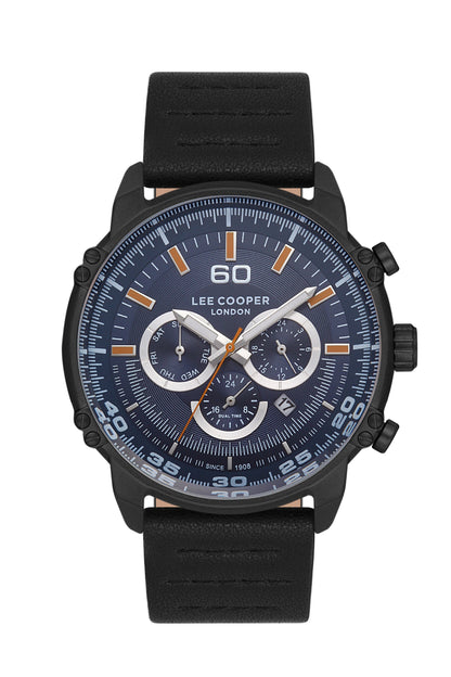 Lee Cooper LC06506 men's watch with navy blue dial, chronograph subdials, and black leather strap