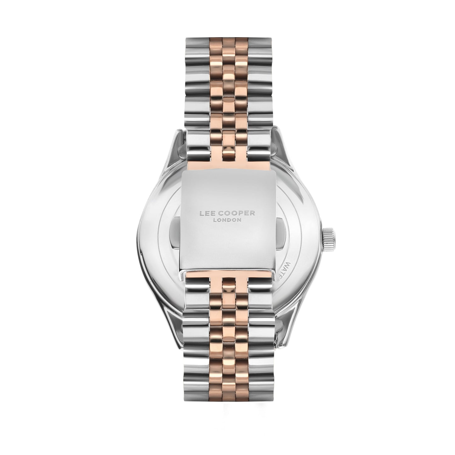Lee Cooper watch caseback showing metal bracelet and silver case with rose gold accents