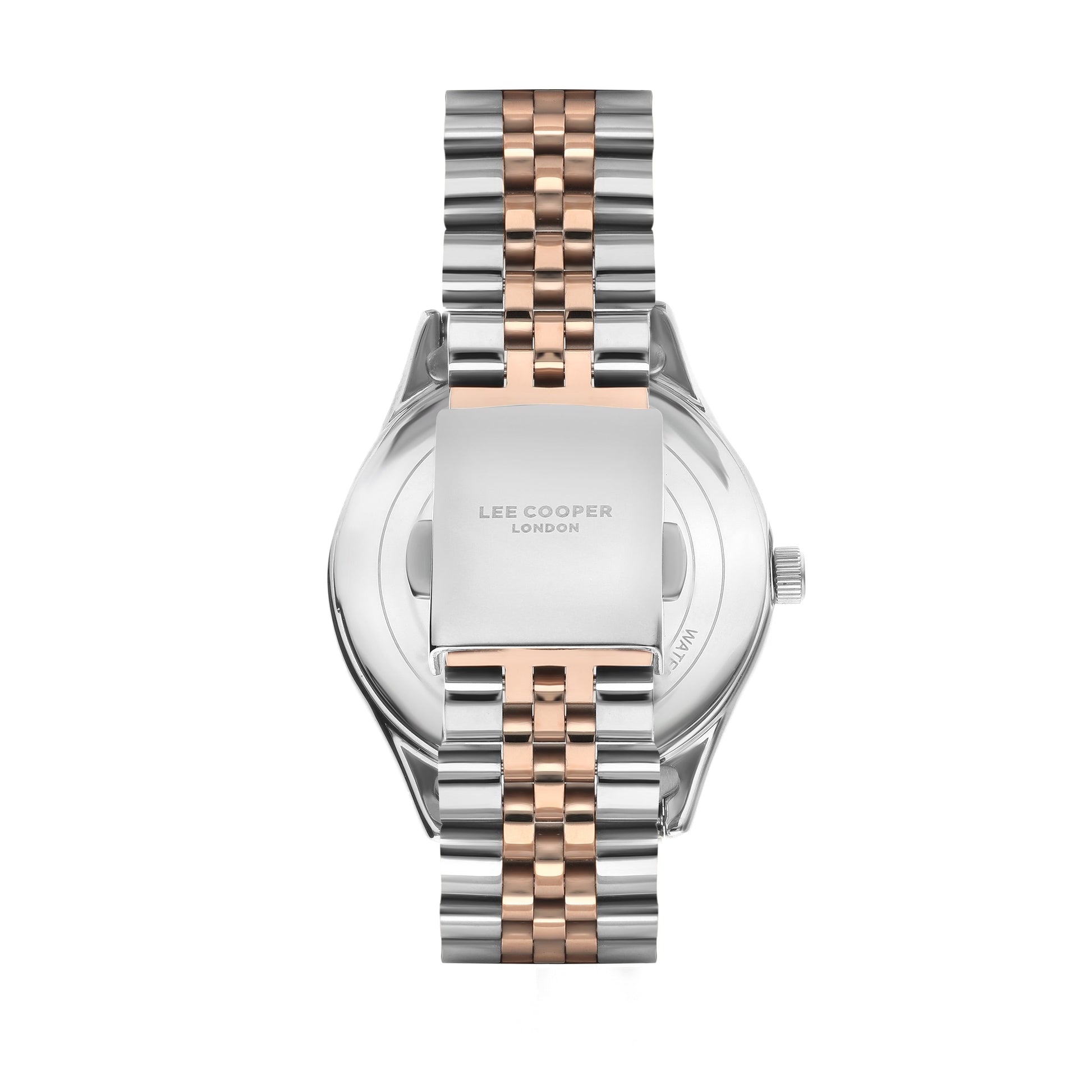 Lee Cooper watch caseback showing metal bracelet and silver case with rose gold accents