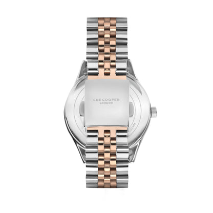 Lee Cooper watch caseback showing metal bracelet and silver case with rose gold accents