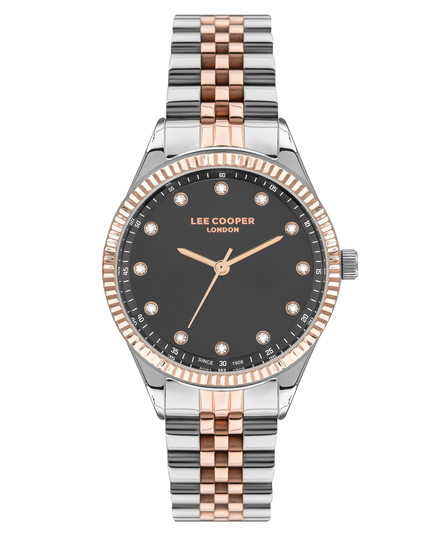 Lee Cooper Classic dark grey dial two-tone silver and rose gold women's watch with crystal bezel
