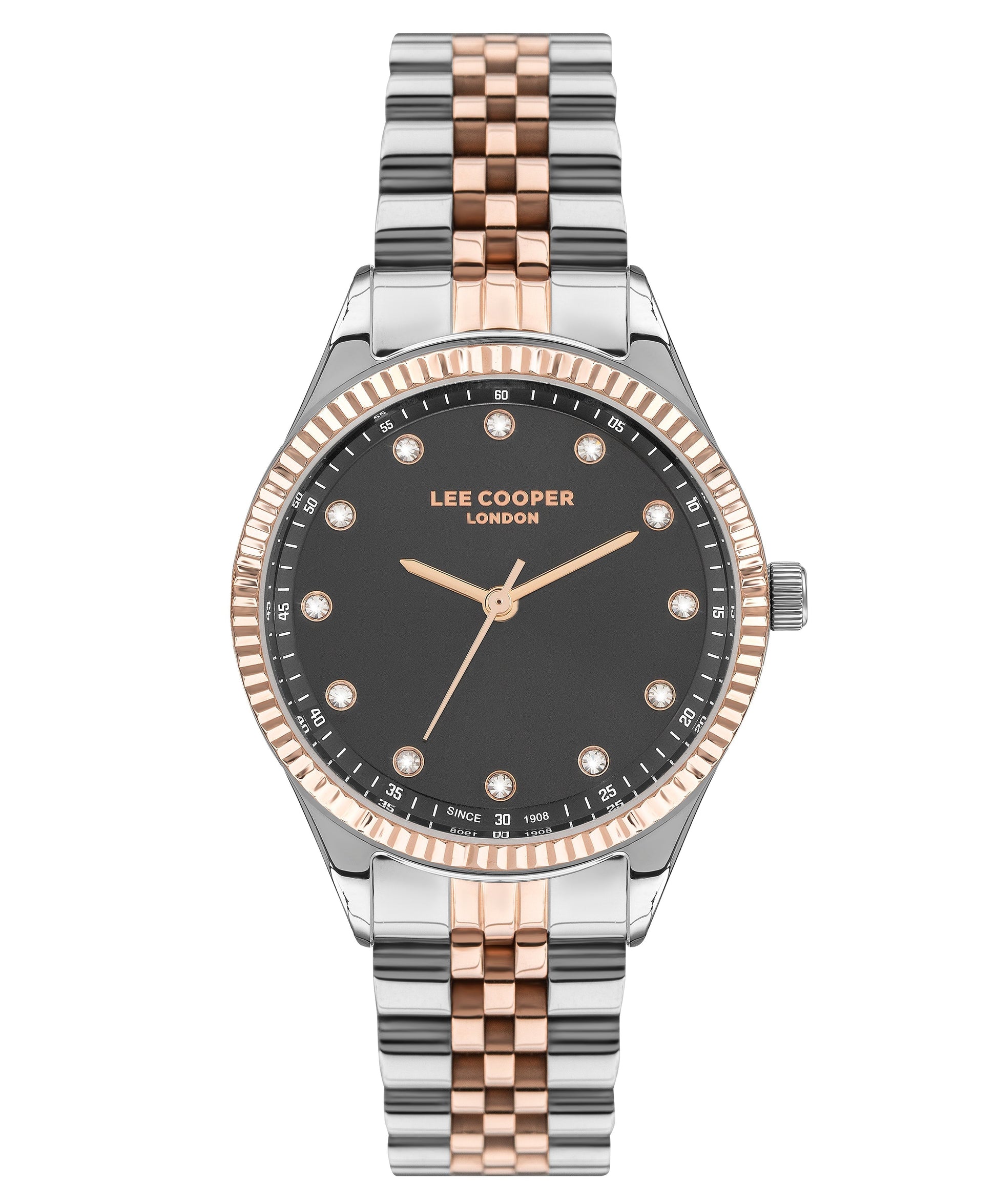 Lee Cooper Classic dark grey dial two-tone silver and rose gold women's watch with crystal bezel