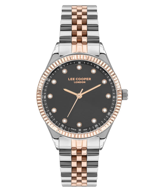 Lee Cooper Classic dark grey dial two-tone silver and rose gold women's watch with crystal bezel