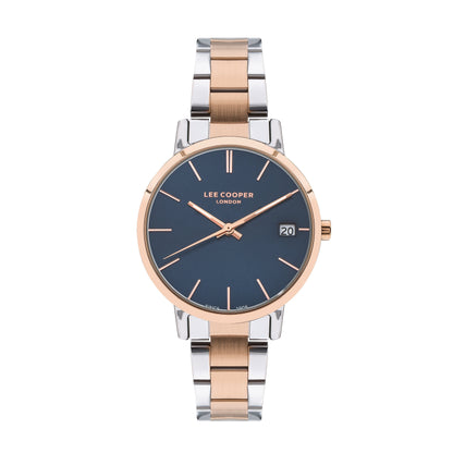 Lee Cooper Elegance blue dial watch with two-toned rose gold and silver metal strap