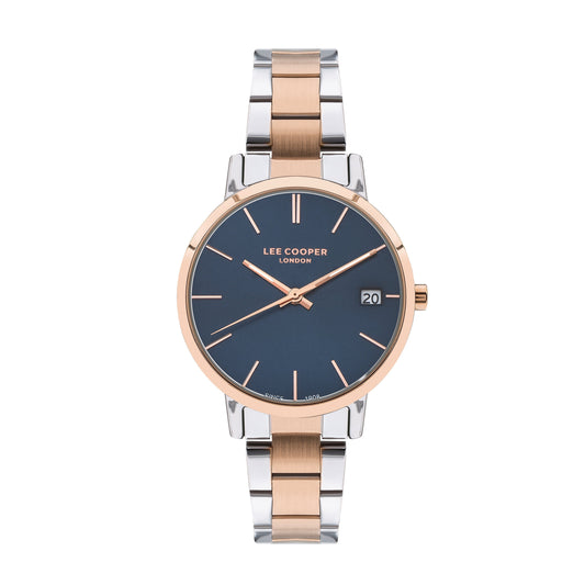 Lee Cooper Elegance blue dial watch with two-toned rose gold and silver metal strap