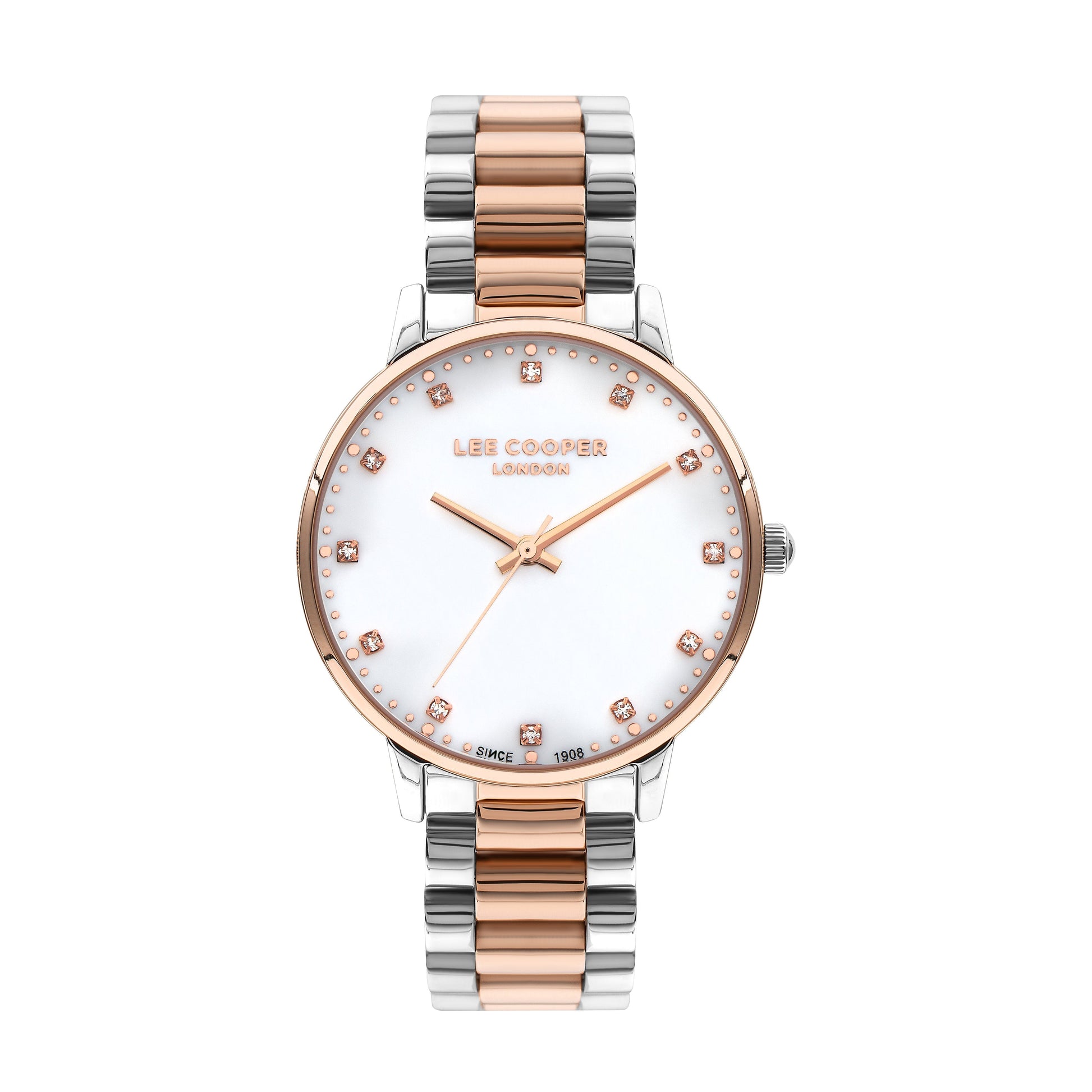 Lee Cooper Classic White MOP Dial Two Tone Watch with rose gold and silver stainless steel bracelet