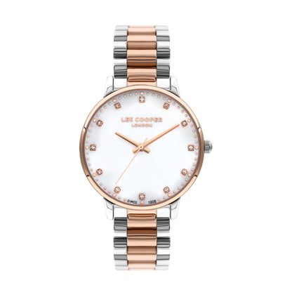 Lee Cooper Classic White MOP Dial Two Tone Watch with rose gold and silver stainless steel bracelet