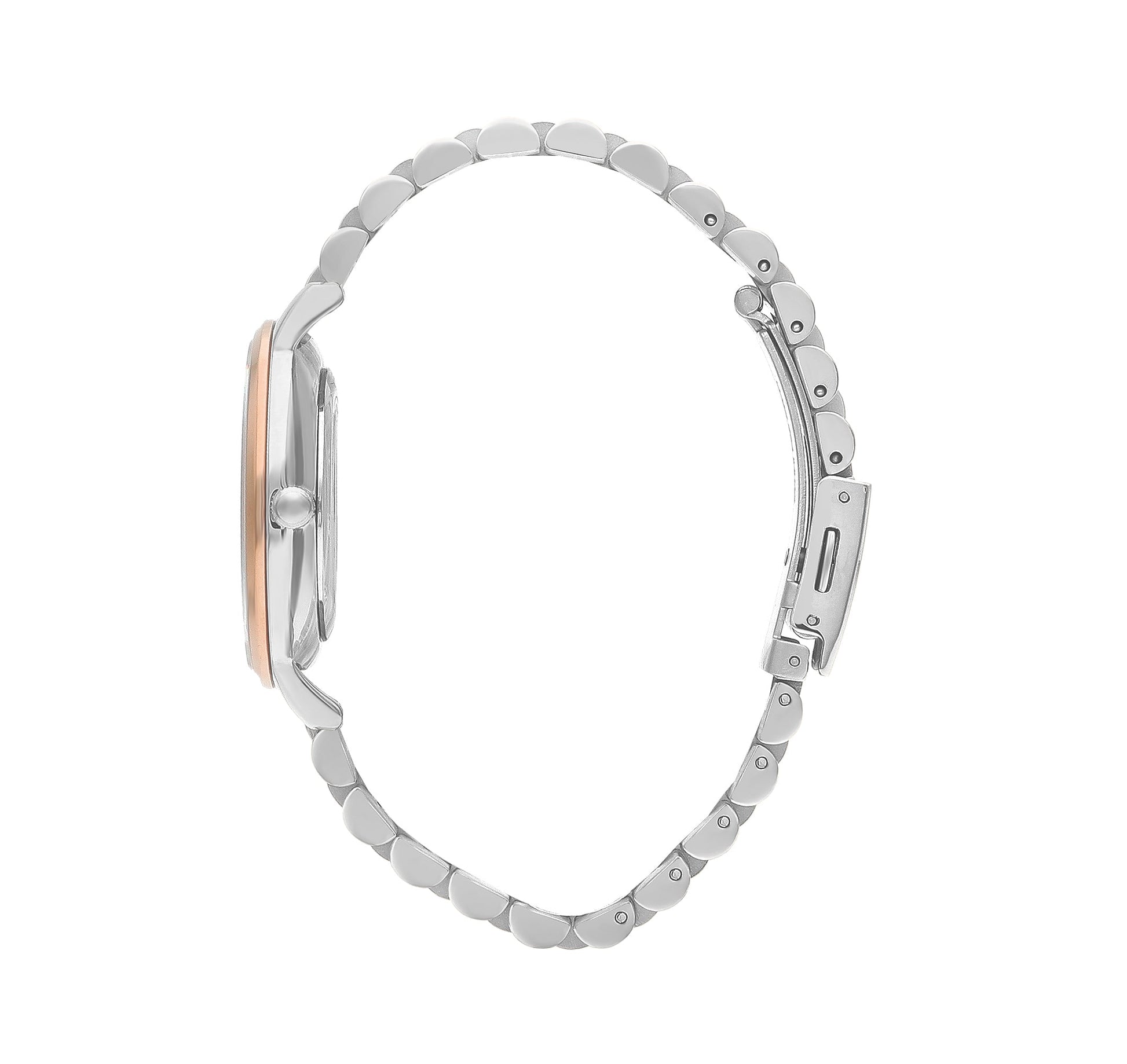 Side view of Lee Cooper Classic watch showing rose gold and silver two-tone bracelet and case profile