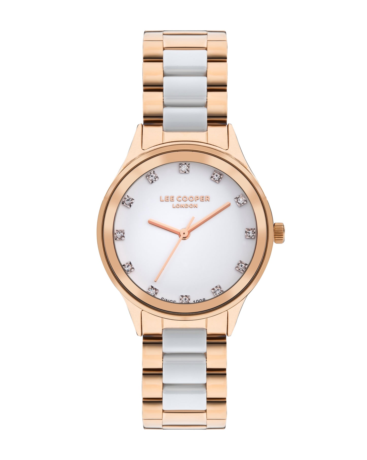 Lee Cooper Classic white MOP dial rose gold women's watch with mixed metal bracelet