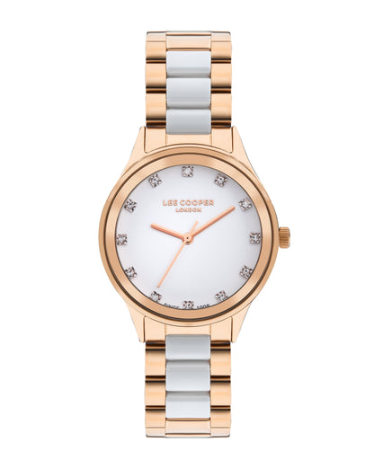 Lee Cooper Classic white MOP dial rose gold women's watch with mixed metal bracelet