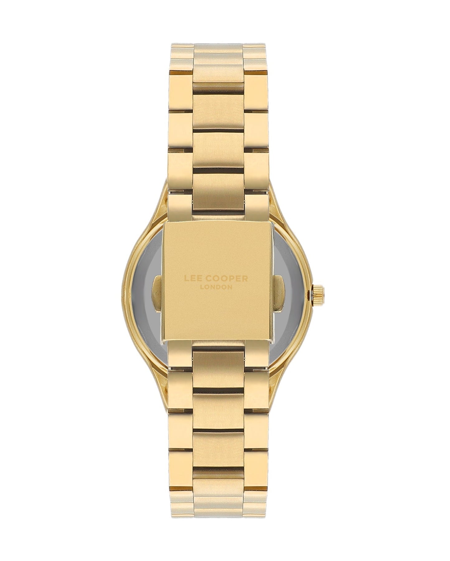 Caseback view of Lee Cooper watch showing gold-tone stainless steel case and bracelet