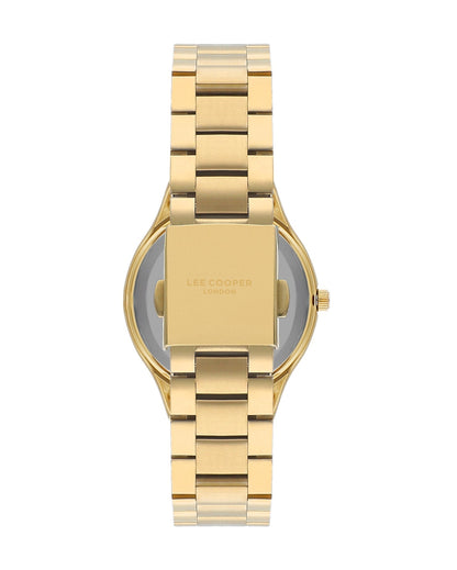 Caseback view of Lee Cooper watch showing gold-tone stainless steel case and bracelet
