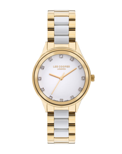 Lee Cooper Classic two-tone watch with white mother-of-pearl dial and crystal hour markers