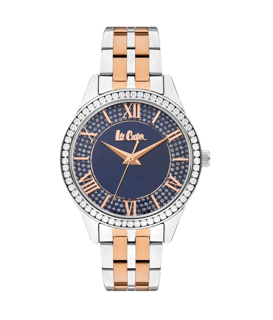 Lee Cooper women's 34mm blue dial watch with two-tone silver and rose gold metal strap