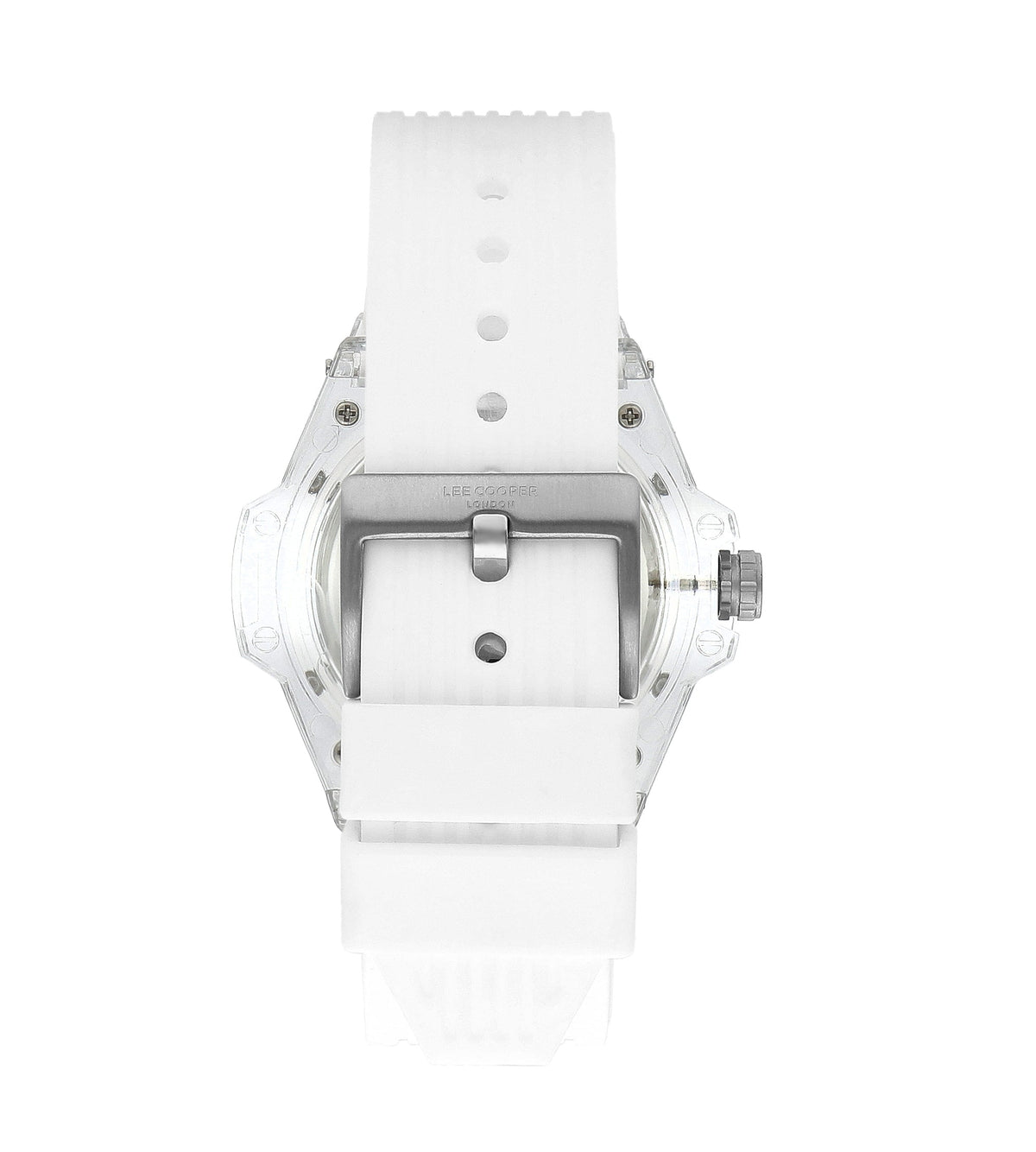 Lee Cooper LC07975.333 watch caseback view showing transparent crystal and silicone strap