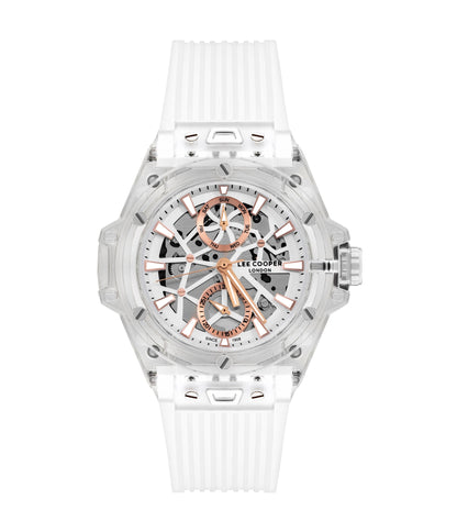 Lee Cooper LC07975.333 multifunction watch with silver skeleton dial and white silicone strap