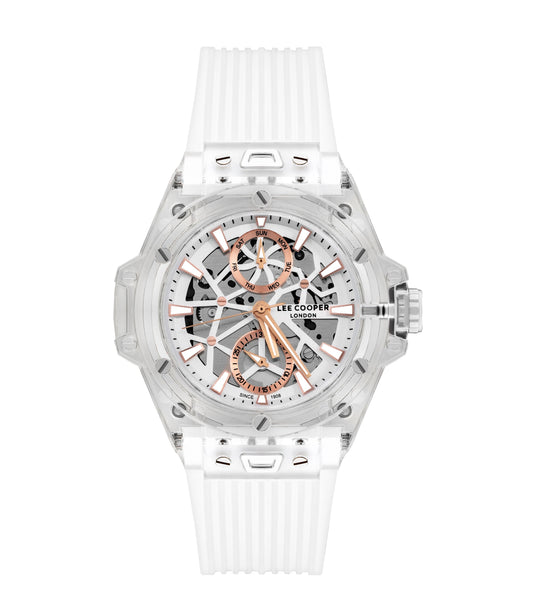 Lee Cooper LC07975.333 multifunction watch with silver skeleton dial and white silicone strap