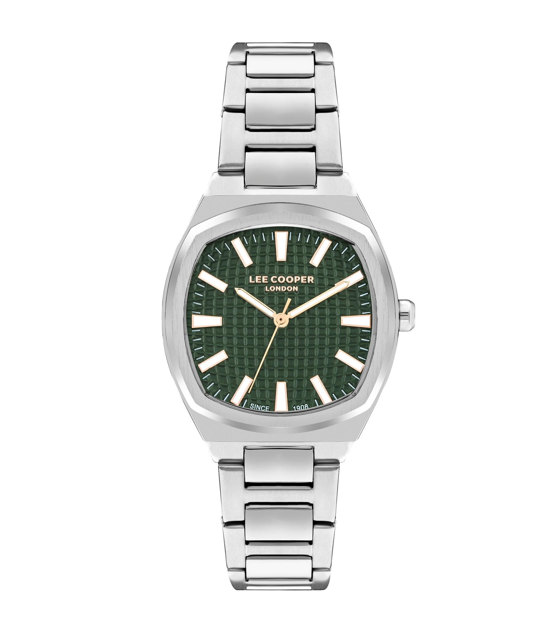 Lee Cooper women's 33mm silver watch with green dial and silver bracelet strap