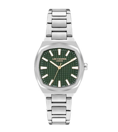 Lee Cooper women's 33mm silver watch with green dial and silver bracelet strap