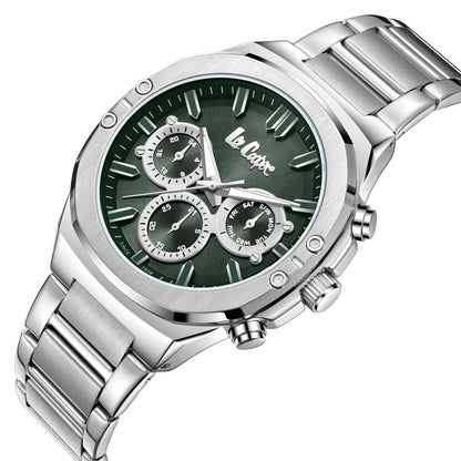 Lee Cooper LC07991.370 chronograph watch angled view showing green dial with three subdials
