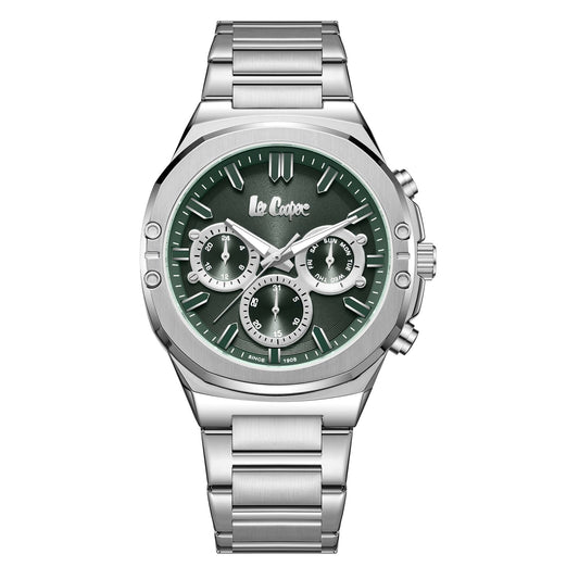 Lee Cooper LC07991.370 multifunction watch with green dial and silver stainless steel bracelet