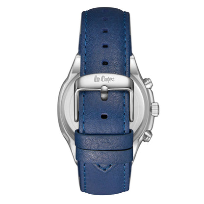 Lee Cooper LC07992.399 watch caseback view showing blue leather strap with silver buckle