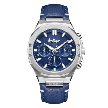 Lee Cooper LC07992.399 silver chronograph watch with blue dial and blue leather strap