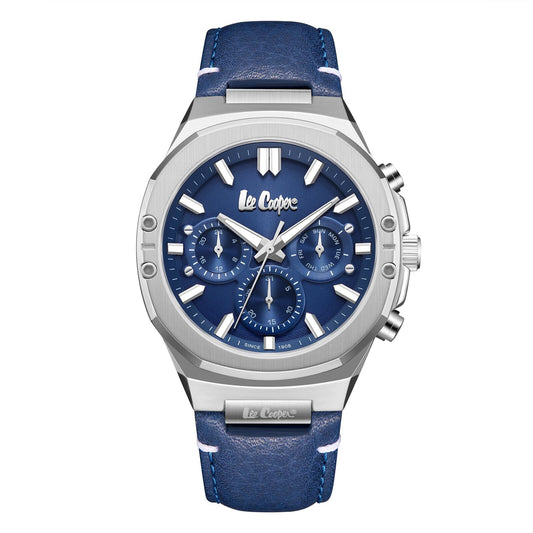 Lee Cooper LC07992.399 silver chronograph watch with blue dial and blue leather strap