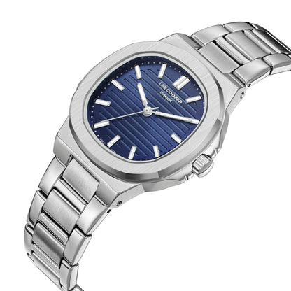 Lee Cooper LC08017.390 watch at angle showing silver bracelet and blue dial