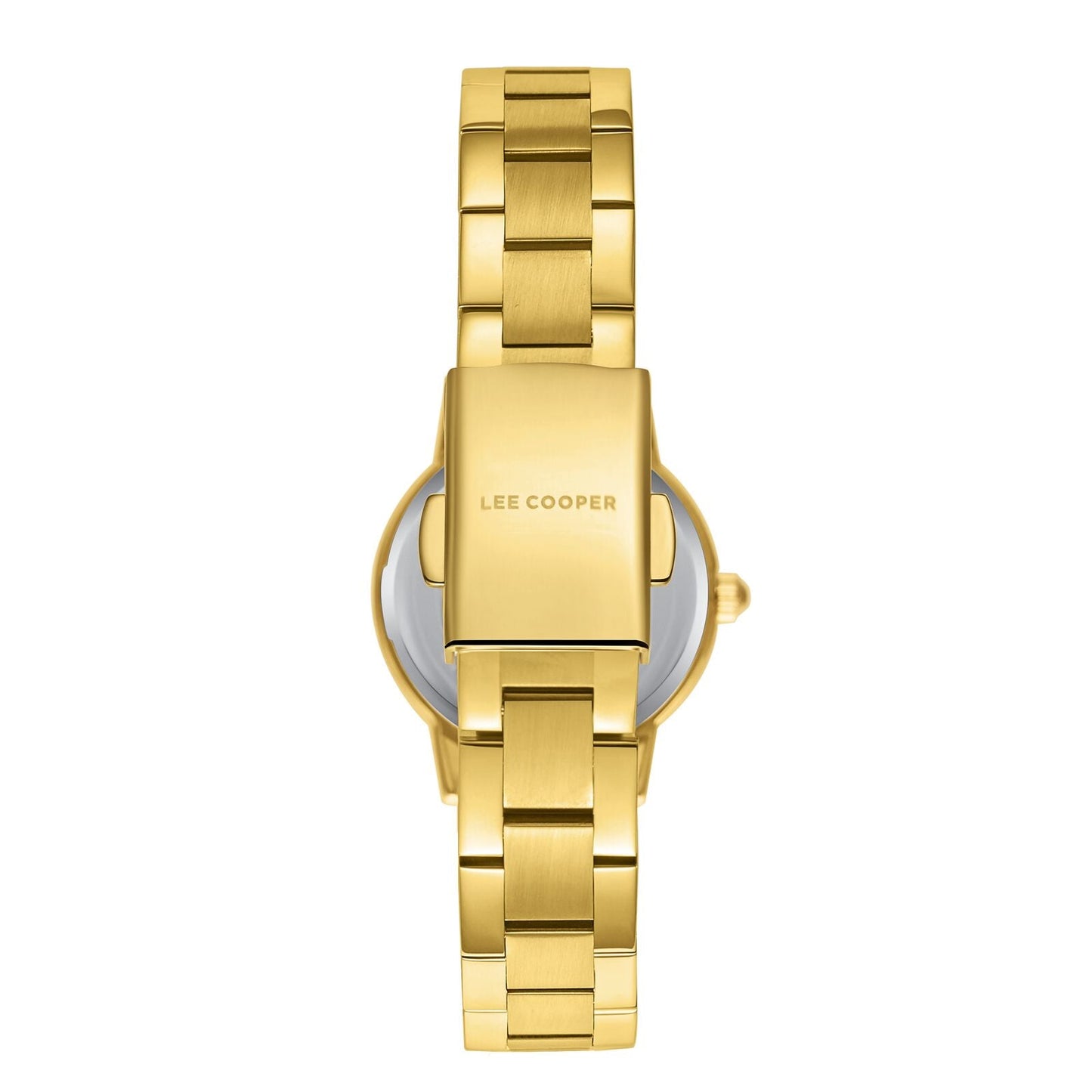 Lee Cooper LC08098.120 caseback showing gold-tone case and engraved bracelet