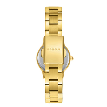 Lee Cooper LC08098.120 caseback showing gold-tone case and engraved bracelet