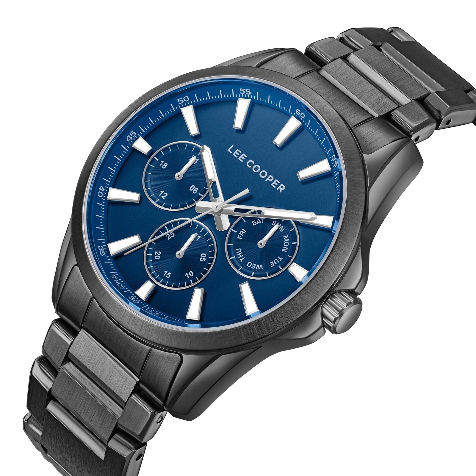Side angle view of Lee Cooper multifunction watch showing navy dial and black strap